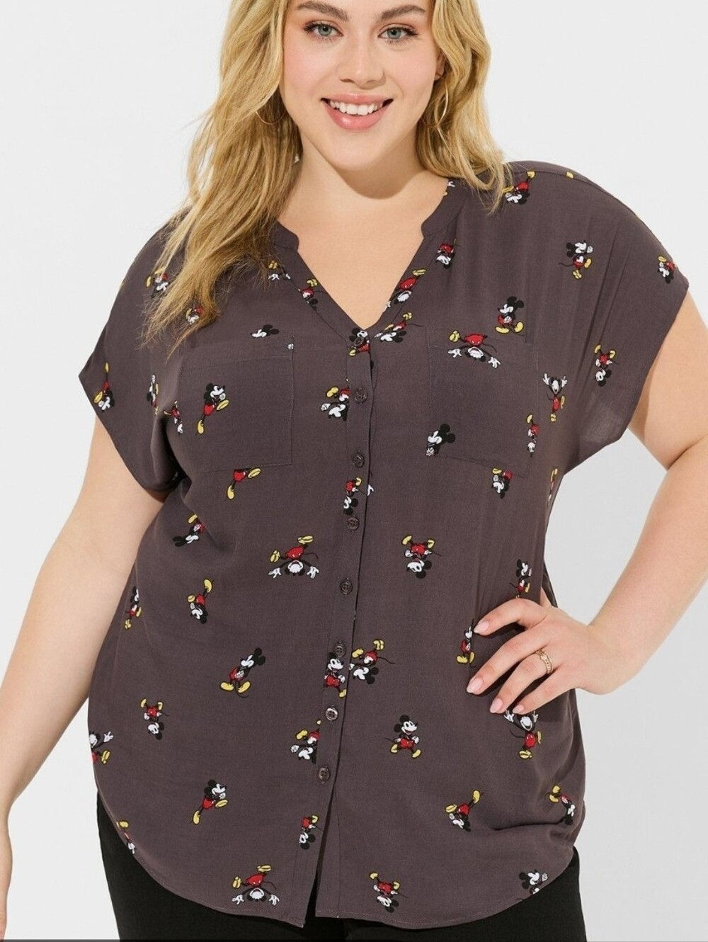 Torrid Disney Mickey Mouse Grey Challis Button Front Dolman Blouse Top Size 3 3X